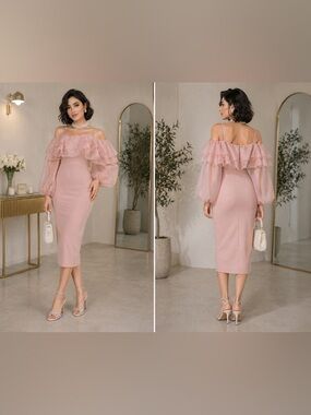 Blush Off-Shoulder Ruffle Midi Dress with Sheer Balloon Sleeves